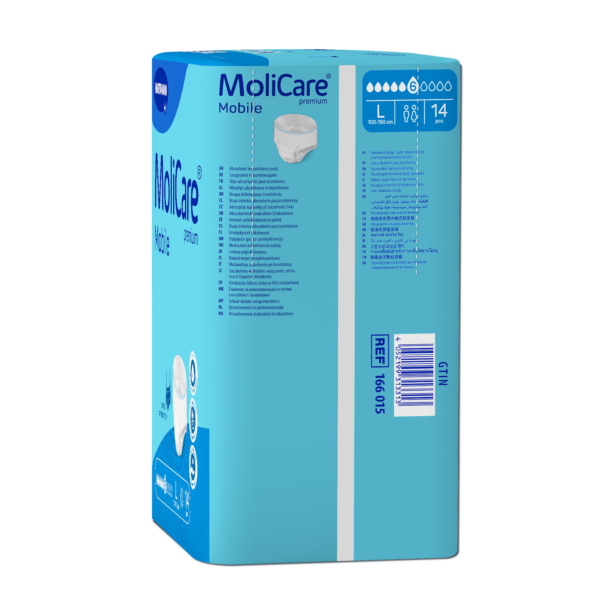 MoliCare Mobile Premium, Packung. Rückseite der hellblauen Verpackung. Größe L, 14 Stück. Text und Logos.