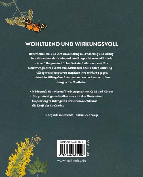 Buchrückseite: Text über Hildegard von Bingen, Inhaltsangabe, ISBN, Preis, Verlag: HEEL.