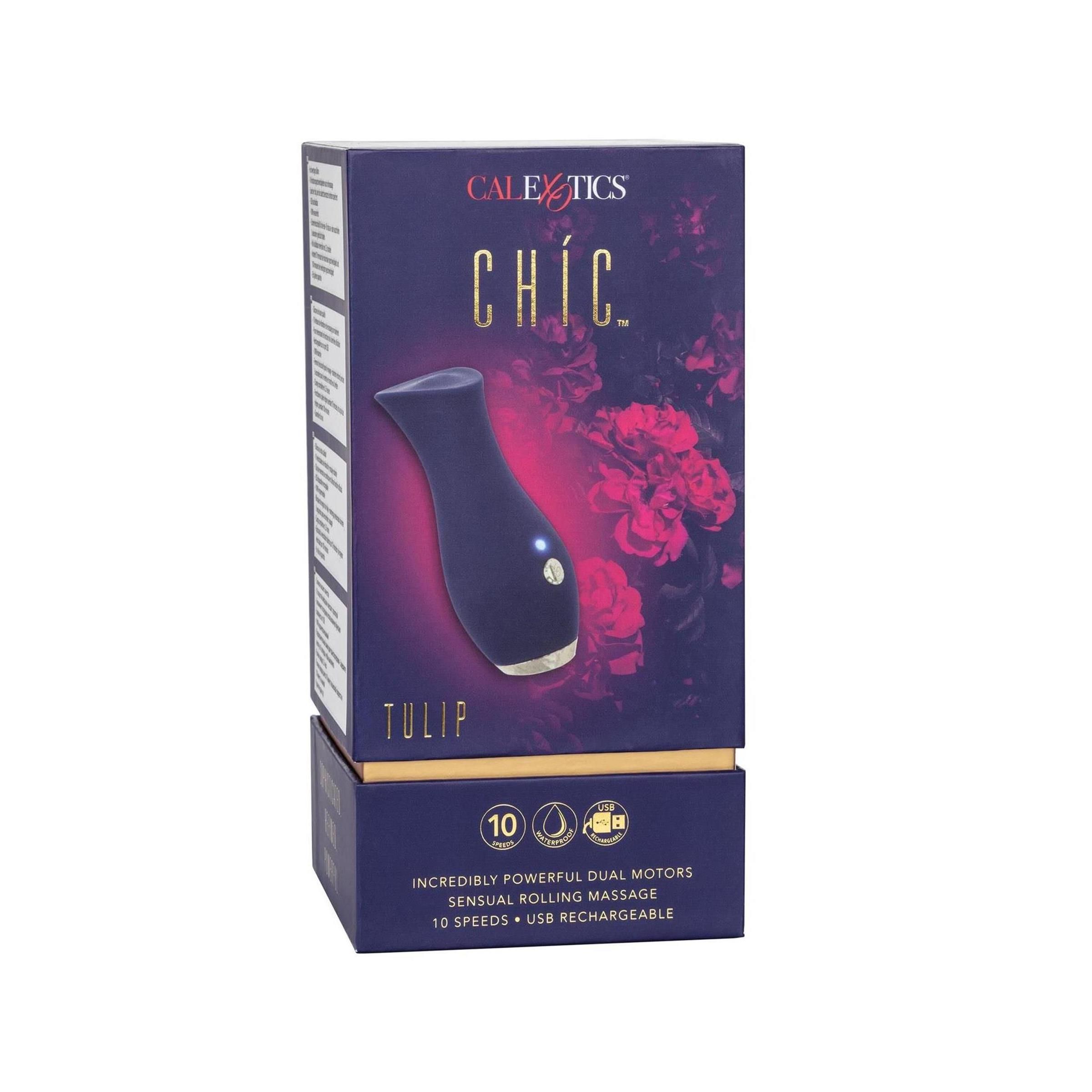 Verpackung von CalExotics Chic Tulip. Dunkelblaue Schachtel mit Produktabbildung und Text.