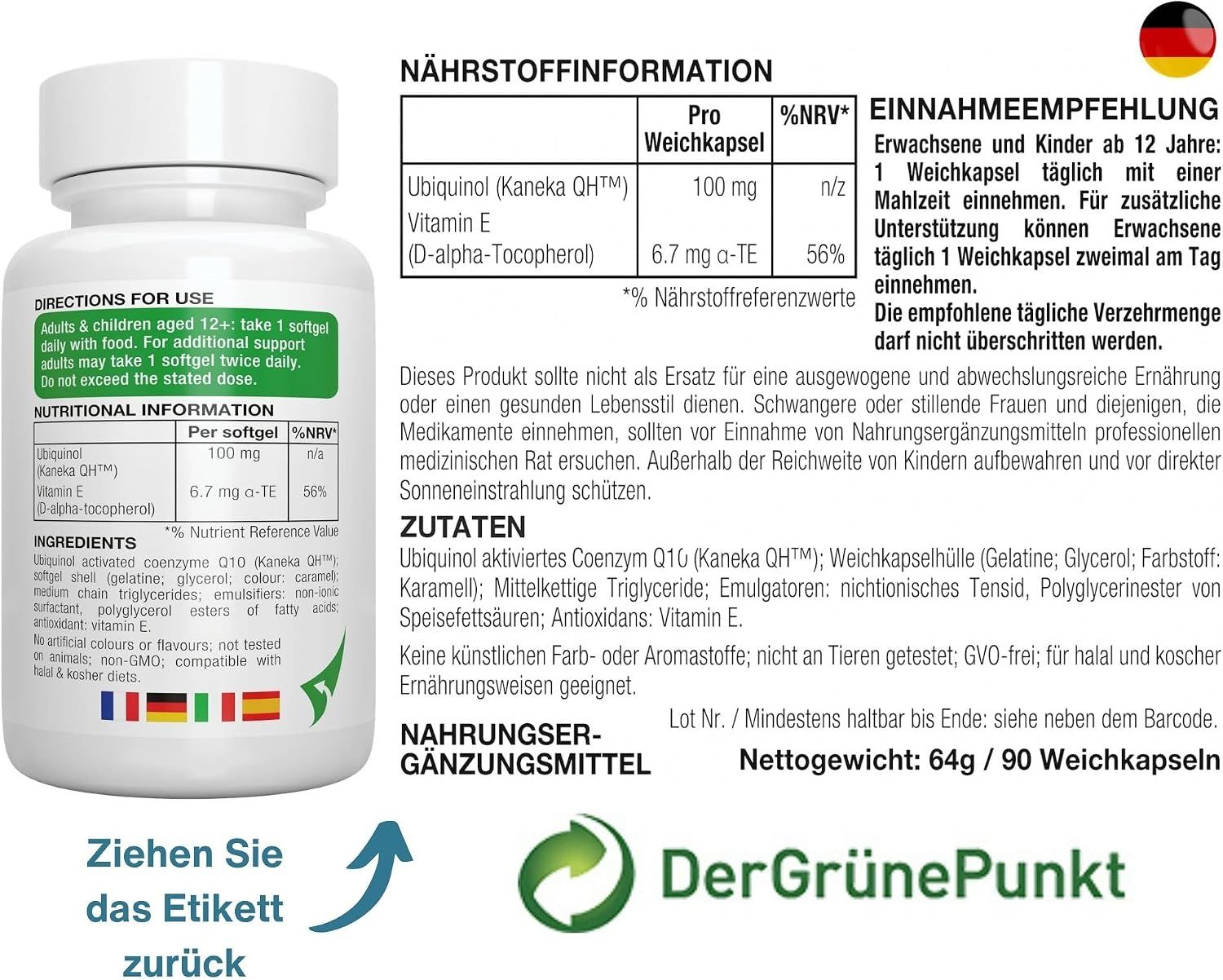 Rückseite einer Flasche Ubichinol-QH mit Nährwertangaben, Einnahmeempfehlung und Siegeln.