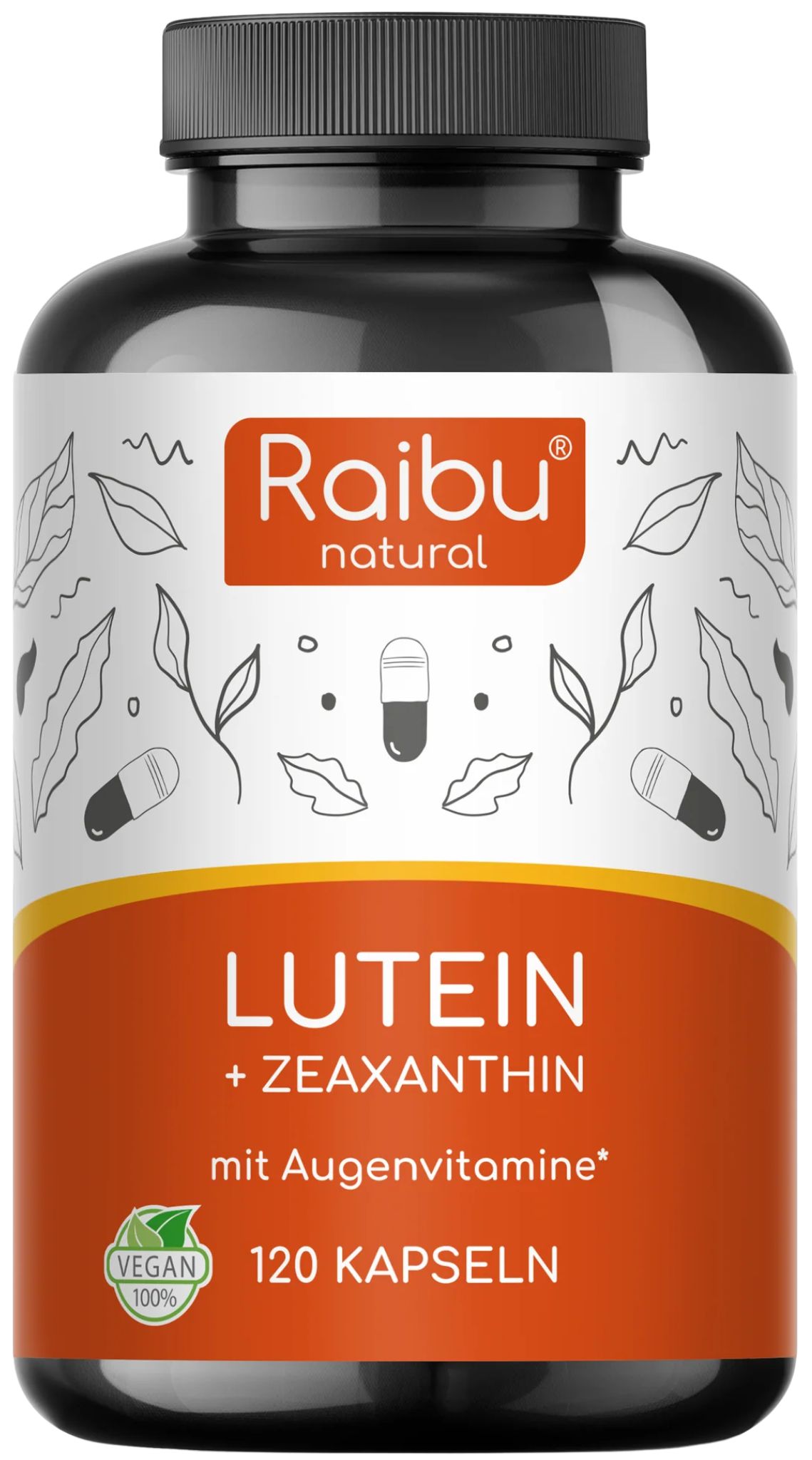 Braune Flasche mit Etikett. Aufschrift: Lutein + Zeaxanthin, 120 Kapseln, vegan. Marke: Raibu natural.