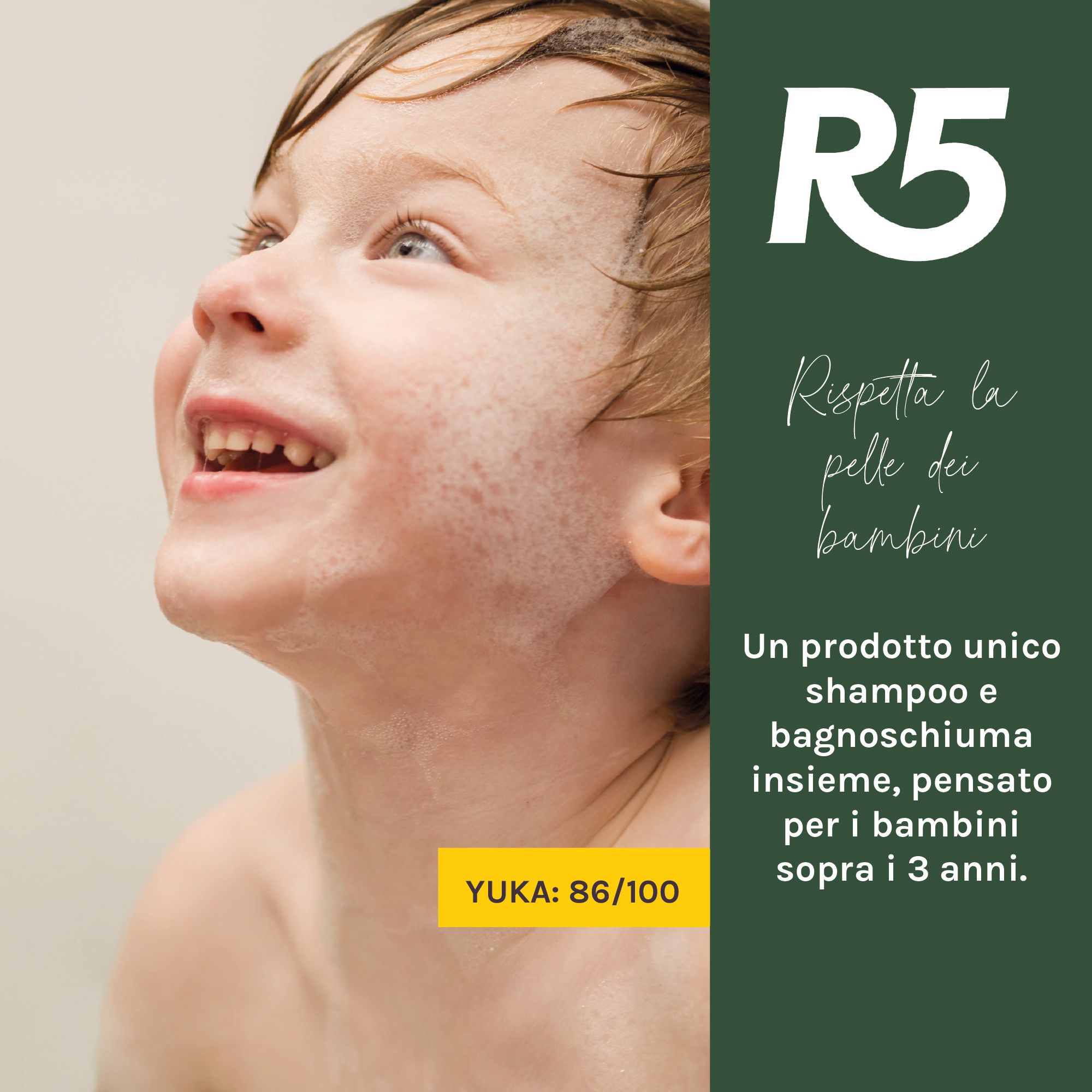 Lächelndes Kind mit Schaum im Gesicht. R5 Dusch-Shampoo Kinder: sanft zur Kinderhaut.