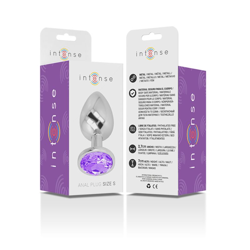 Verpackung mit Analplug. Produktname: Intense. Anal Plug Size S. Metall, lila Kristall.