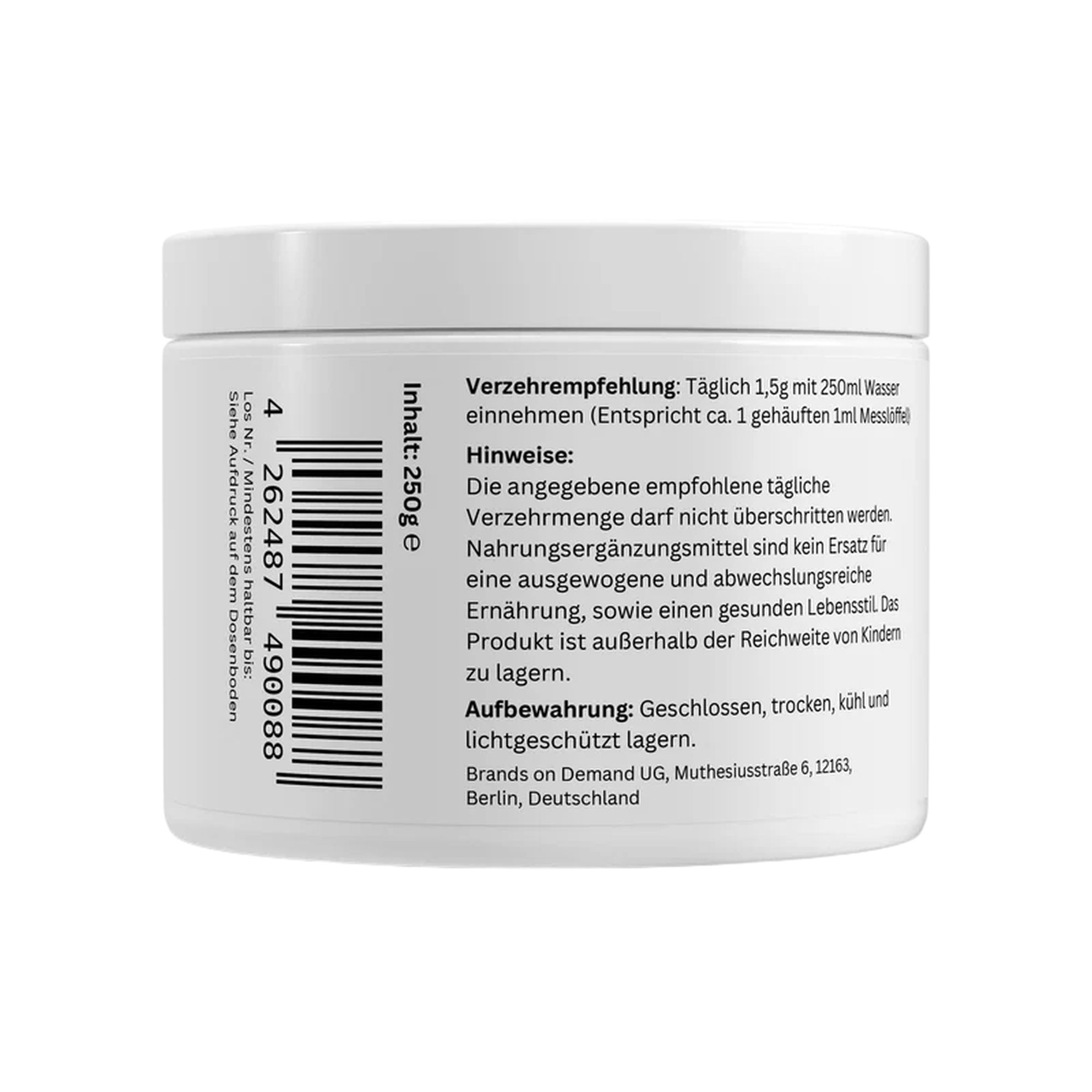 Rückseite des Behälters mit Verzehrempfehlung, Inhaltsangaben und Barcode.