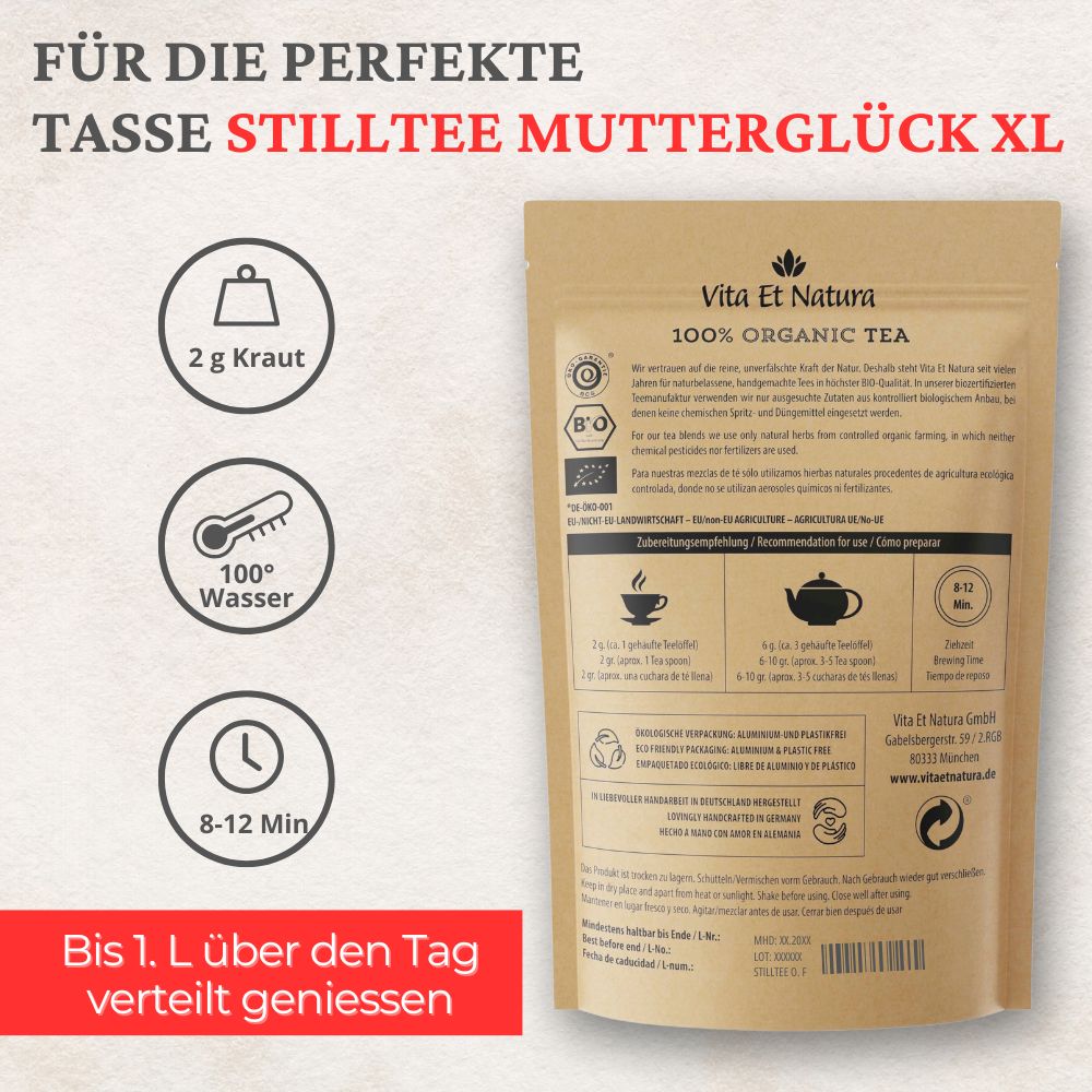 Rückseite der Stilltee-Packung. Informationen zur Zubereitung: 2g Kraut, 100°C Wasser, 8-12 Min. Ziehzeit. Bio-Siegel. Vita Et Natura Logo.