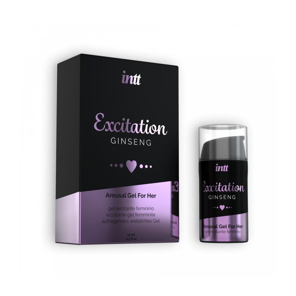Schwarze Schachtel und Flasche. Aufschrift: Excitation, Ginseng, Arousal Gel For Her. 15 ml.