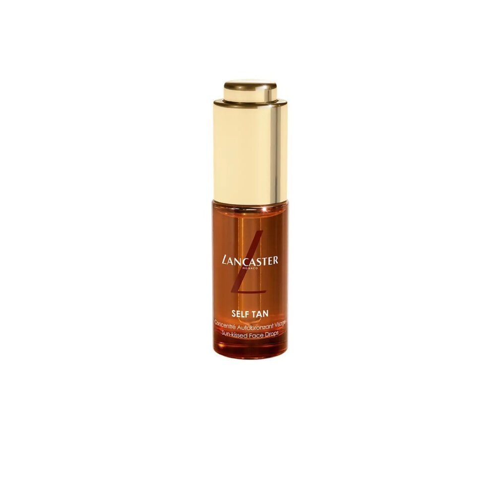 Braune Glasflasche mit goldfarbenem Deckel. Aufschrift: Lancaster, Self Tan, Sun-kissed Face Drops.