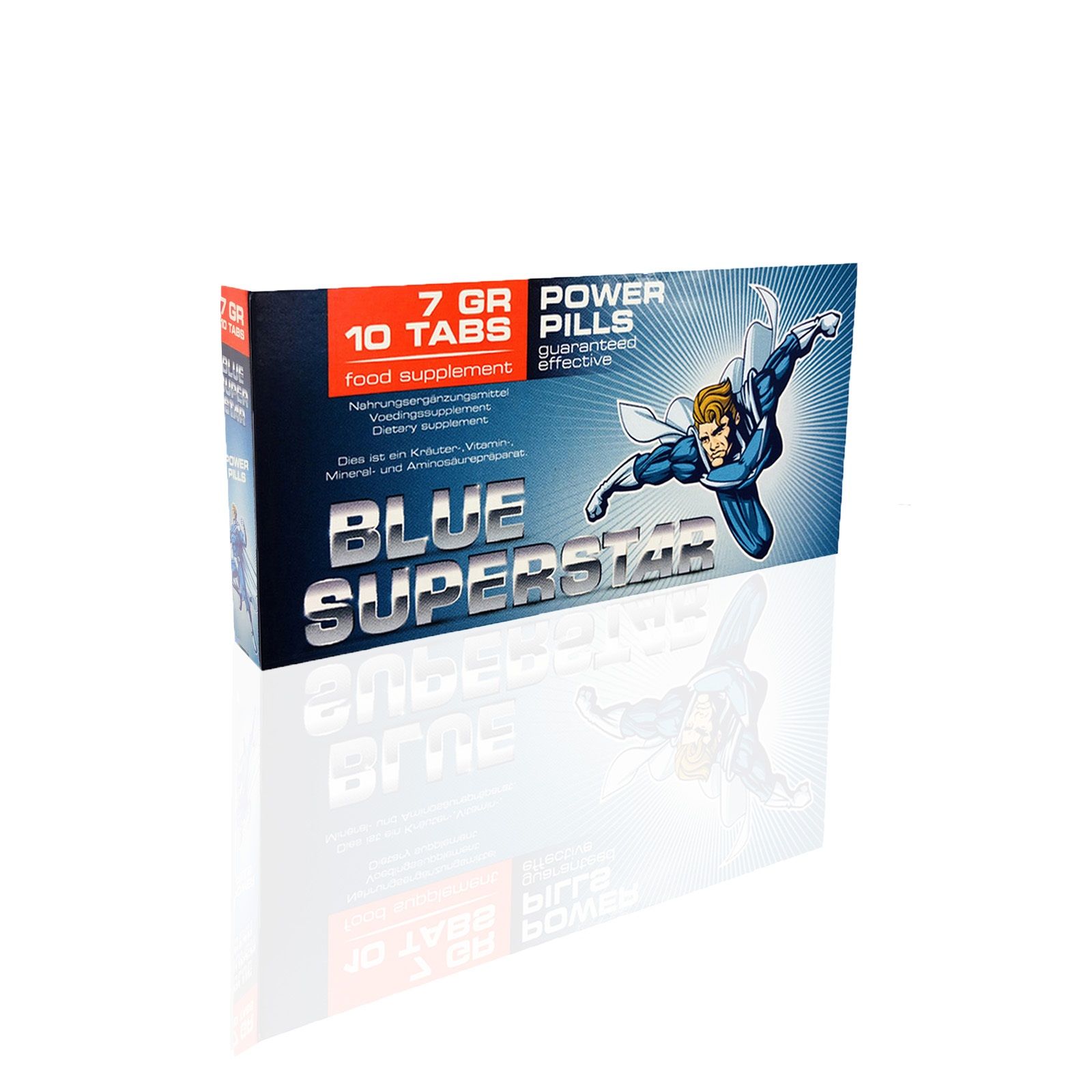 Scatola con compresse blu. Scritta: Blue Superstar, 10 compresse, 7 gr, Power Pills. Illustrazione di supereroe.