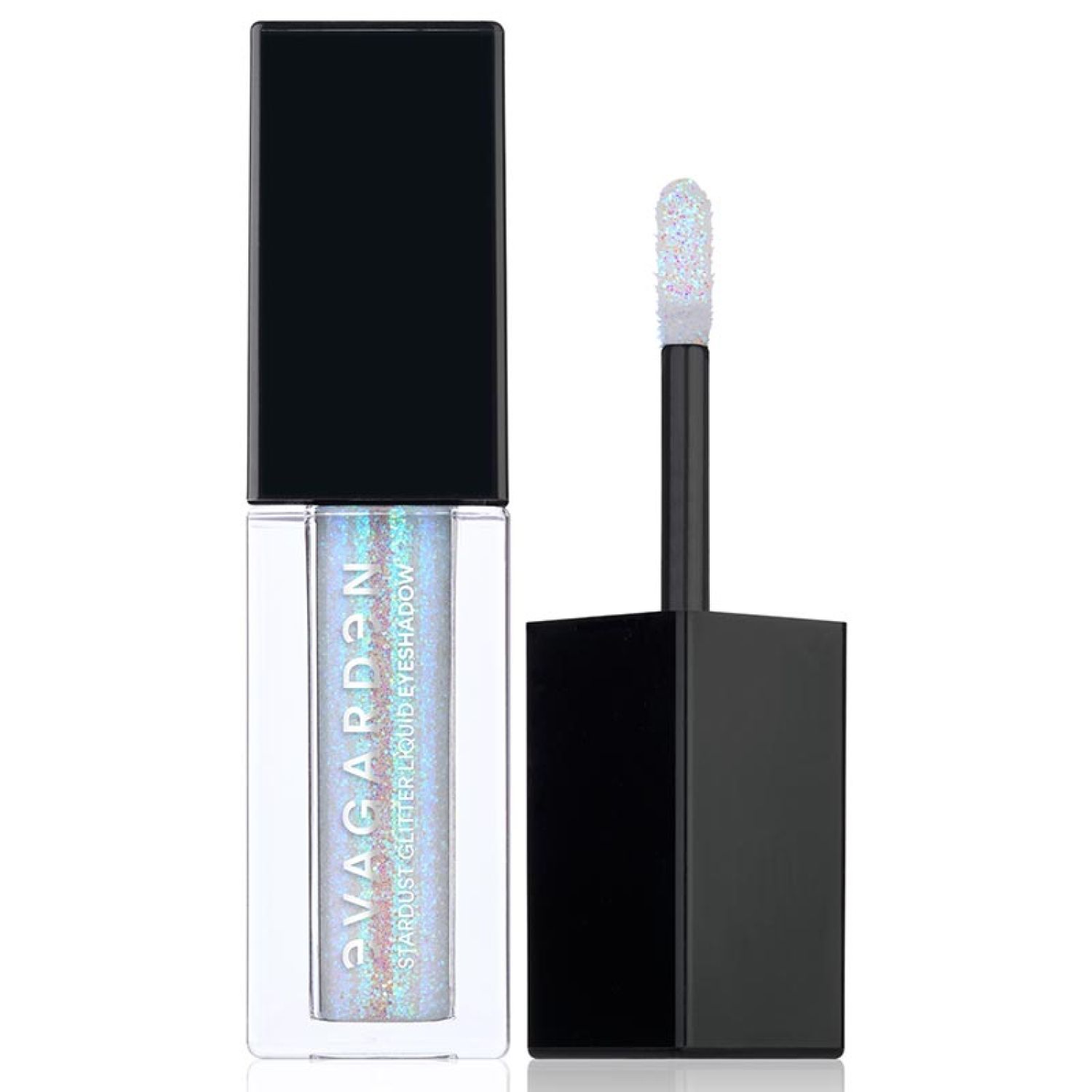 Flüssiger Lidschatten mit Applikator. Schwarzer Deckel, transparente Flasche mit holografischem Glitzer. Text: STARDUST GLITTER EYESHADOW.