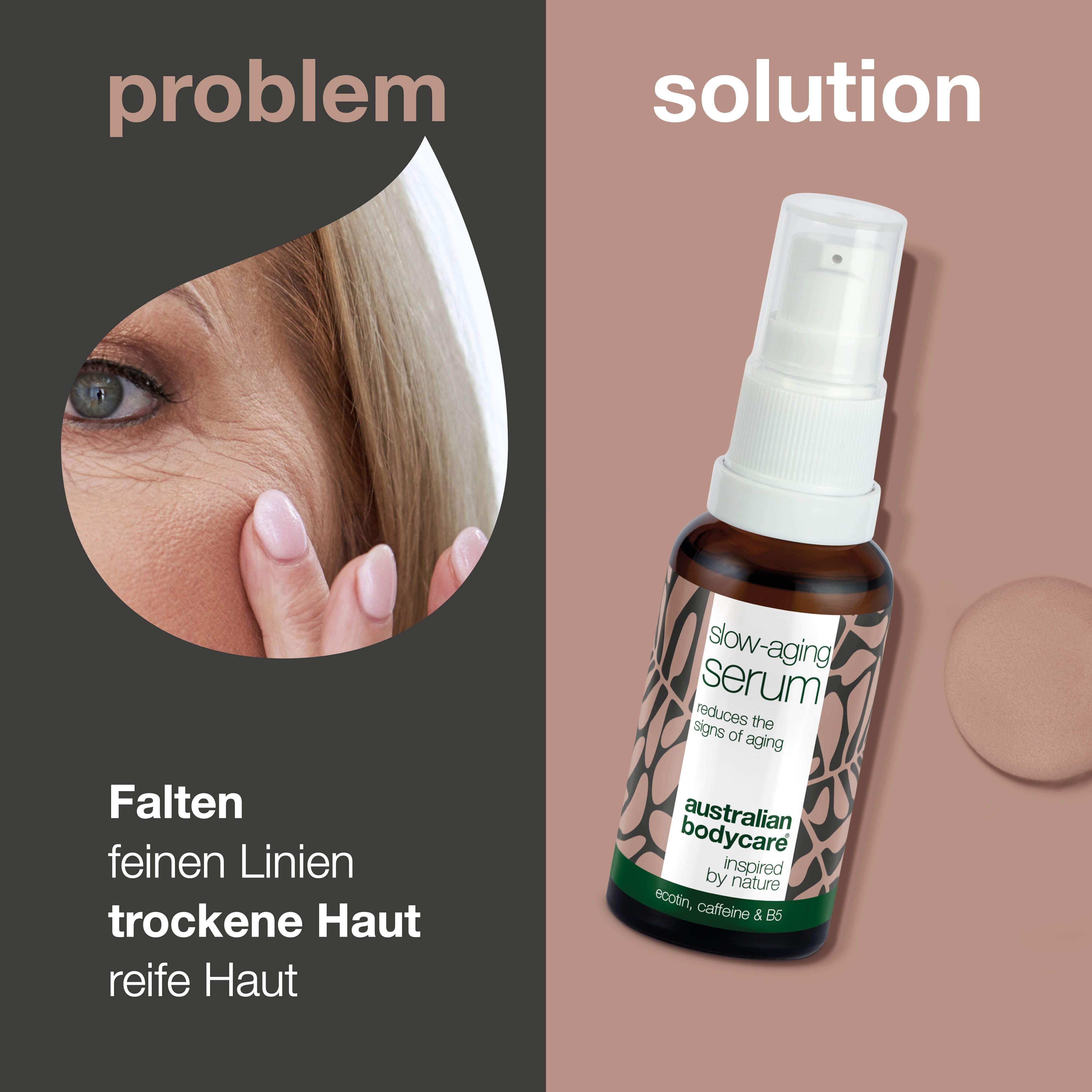 Serumflasche neben Gesicht mit Falten. Text: Falten, feinen Linien, trockene Haut, reife Haut.