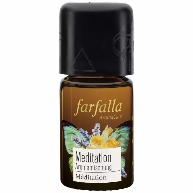 Braune Glasflasche mit schwarzem Deckel. Aufschrift "farfalla AromaCare Meditation Aromamischung Méditation" mit Schmetterlingsmotiv.