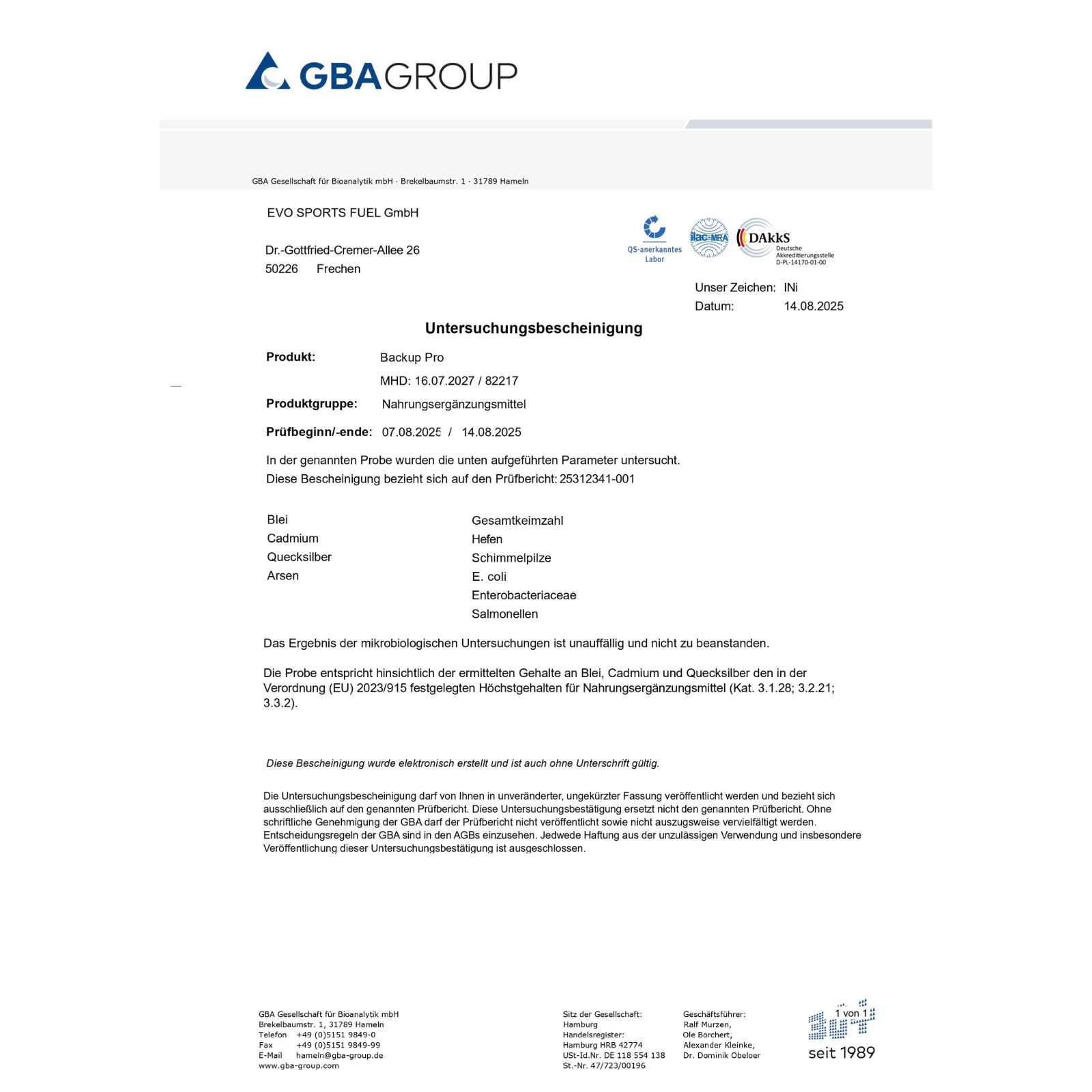 Untersuchungsbescheinigung für EVO Backup Pro von GBA GROUP. Bestätigt Prüfung auf Schwermetalle und Salmonellen.