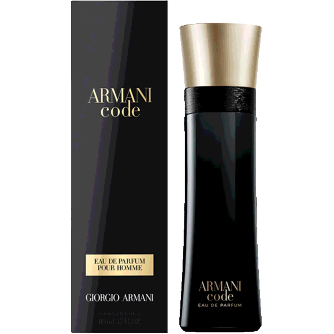 Schwarze Verpackung und Flakon. Aufschrift: Armani Code Eau de Parfum Pour Homme.