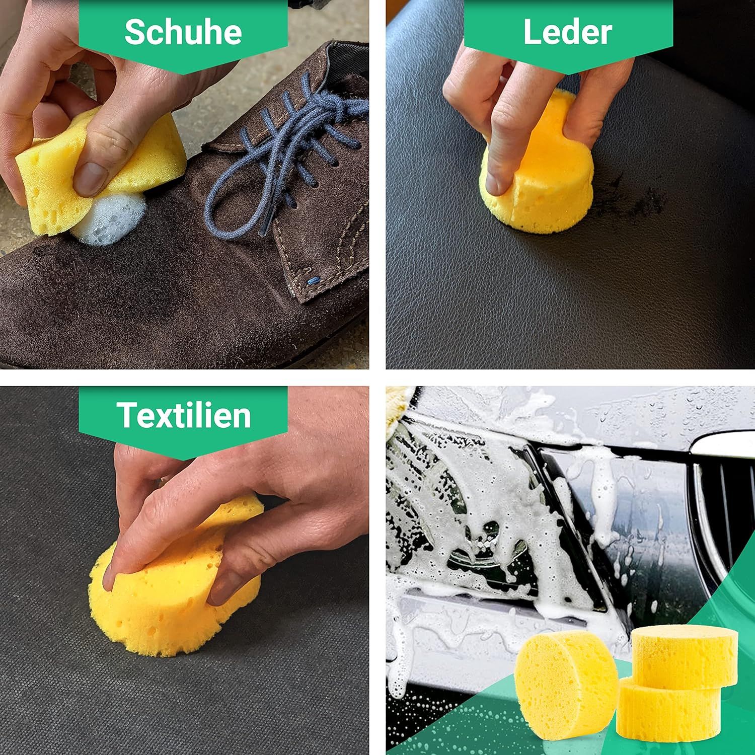 Vier Bilder zeigen Anwendung der Schwämme auf Schuhen, Leder, Textilien und Auto. Gelbe Schwämme.