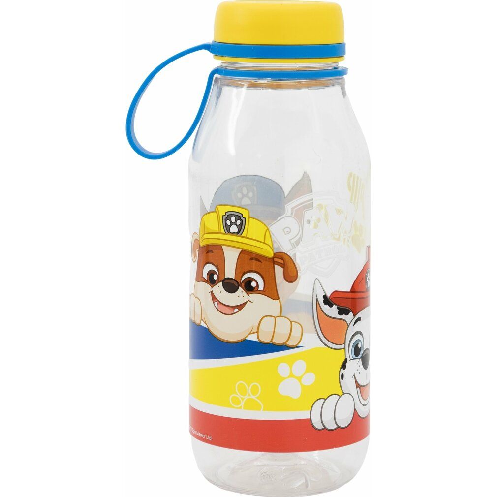 Transparente Trinkflasche mit gelbem Deckel und blauem Griff. Paw Patrol-Figuren.