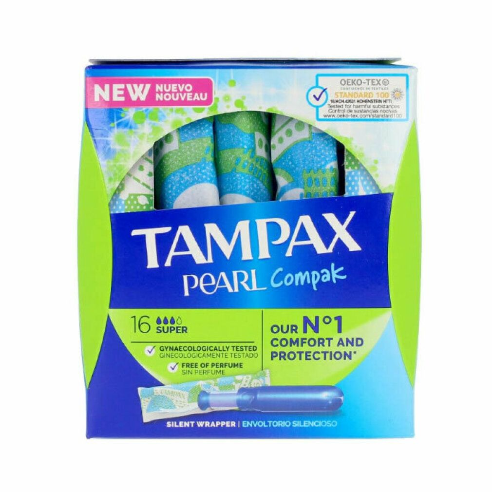 Verpackung mit Tampons. Marke: Tampax Pearl Compak. 16 Super. Mit OEKO-TEX-Zertifizierung.