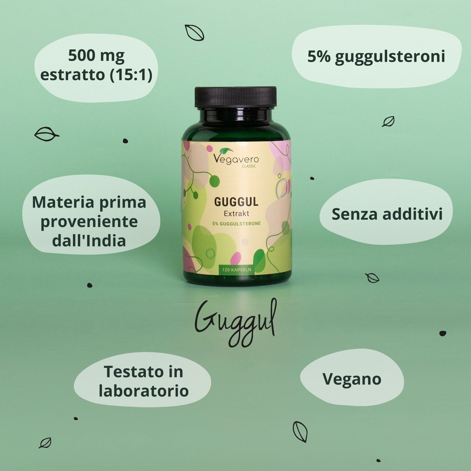 Flacone Vegavaro Guggul con testo: 500 mg estratto, 5% Guggulsterone, vegano, testato in laboratorio.