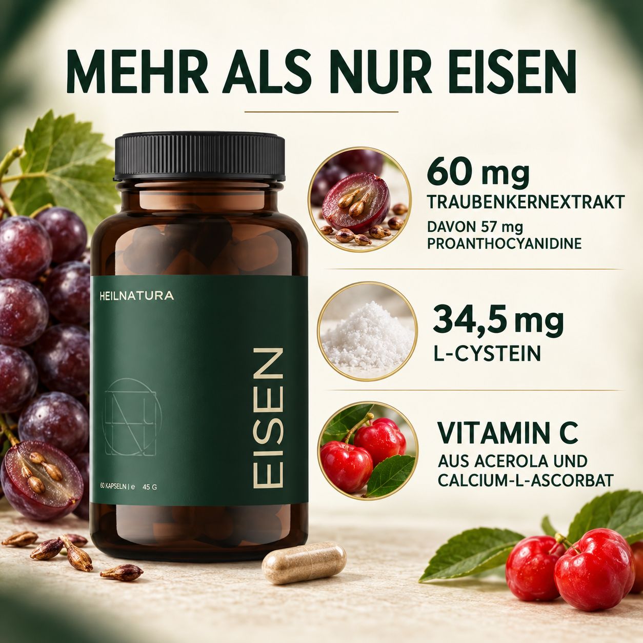 Heilnatura Eisen Kapseln 30 mg mit Vitamin C & Kupfer – 60 Stück