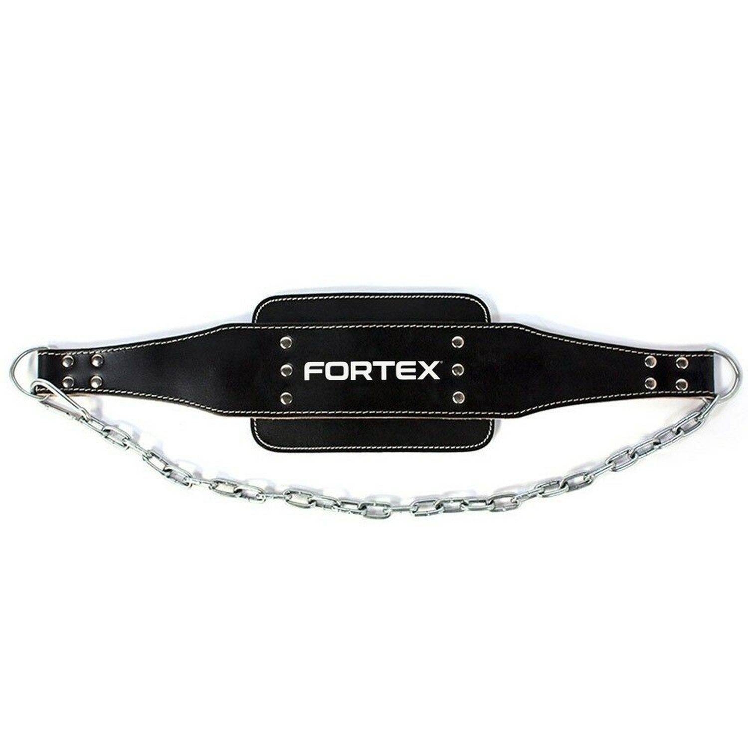 Schwarzer Leder Dip Klimmzug Gürtel mit Kette. Aufschrift: FORTEX. Metallnieten und weiße Nähte.