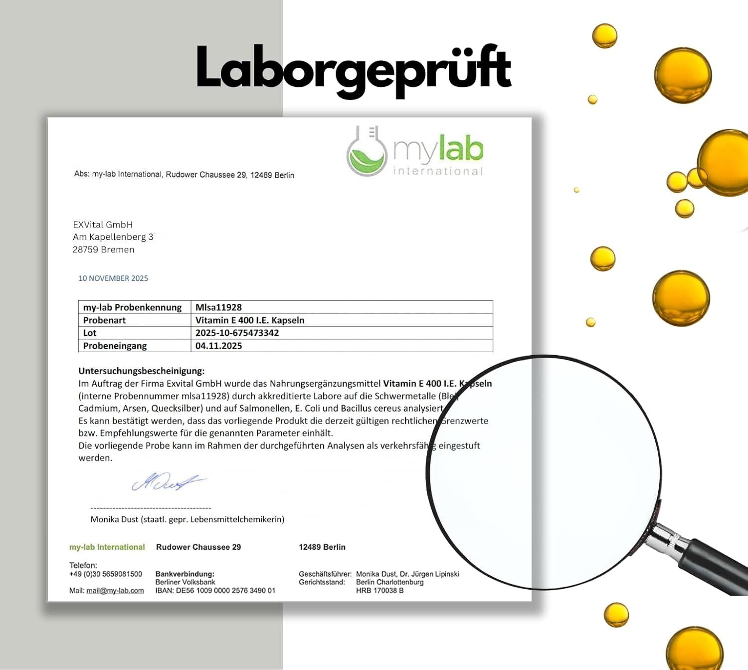 Laborgeprüft-Zertifikat von mylab international. Unterschrift von Monika Dust. Lupe auf dem Zertifikat.