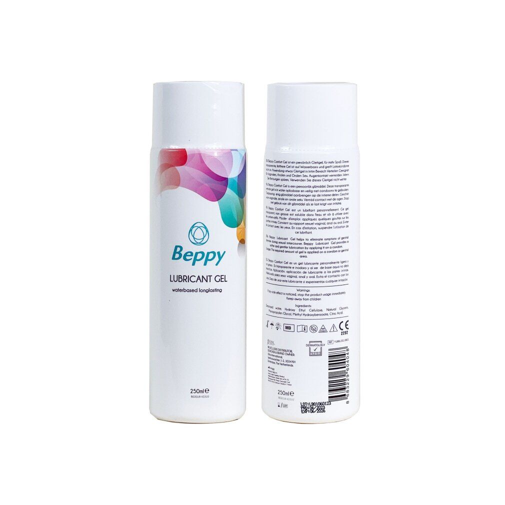 Beppy Gleitgel Flasche, Vorderseite, mit bunten abstrakten Formen und 250ml Angabe.