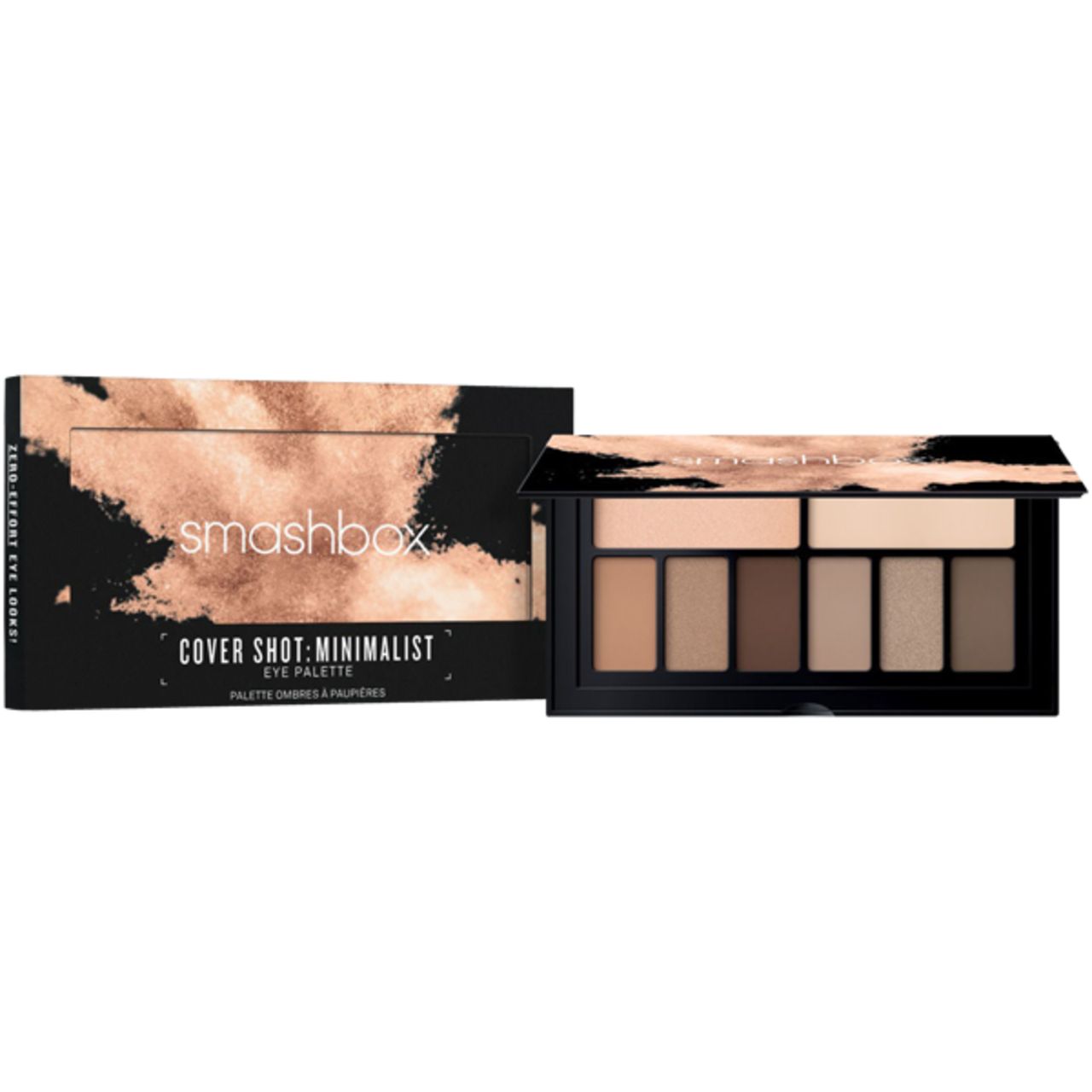 Smashbox Cover Shot Eye Palette. Schwarze Palette mit 8 Lidschattenfarben und Spiegel. Verpackung mit Produktnamen.