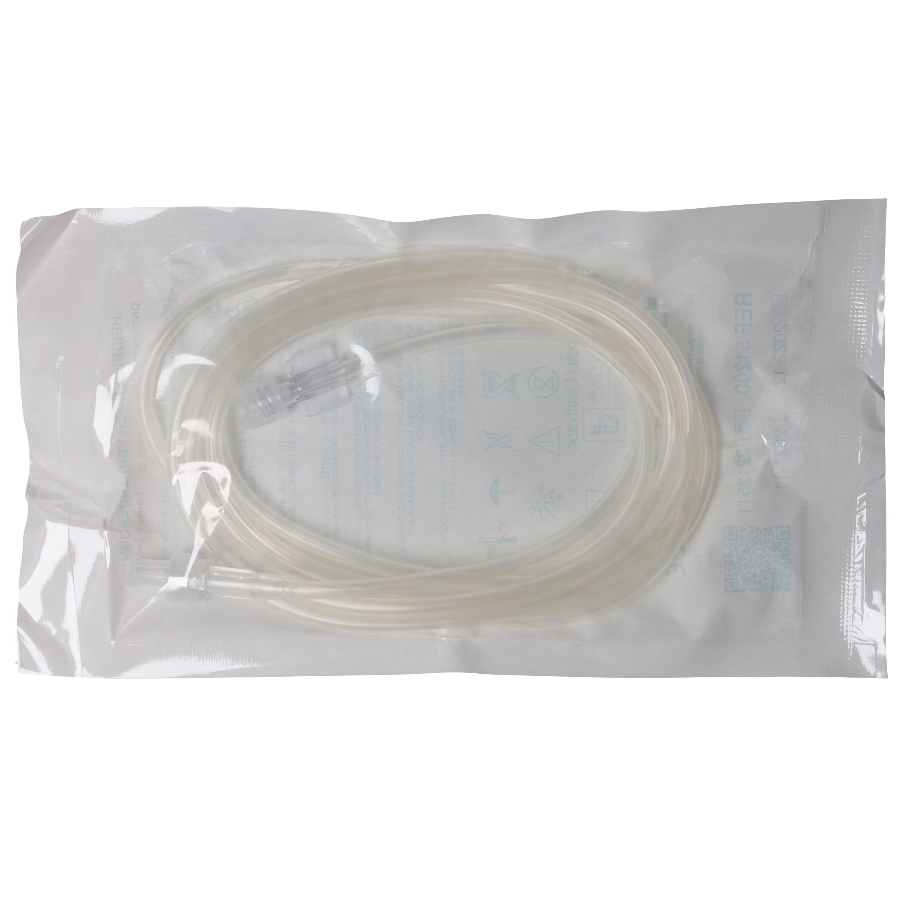 Verlängerungsschlauch in transparenter Verpackung. Produkt sichtbar. Medizinprodukt.