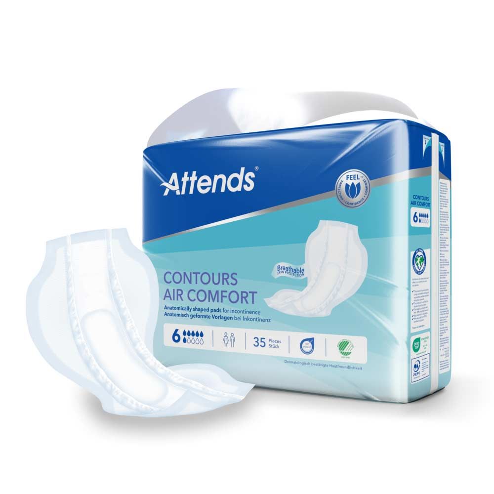 Attends Contours Air Comfort 6 Packung mit einem einzelnen Produkt daneben. Anatomisch geformte Vorlagen für Inkontinenz. 35 Stück.