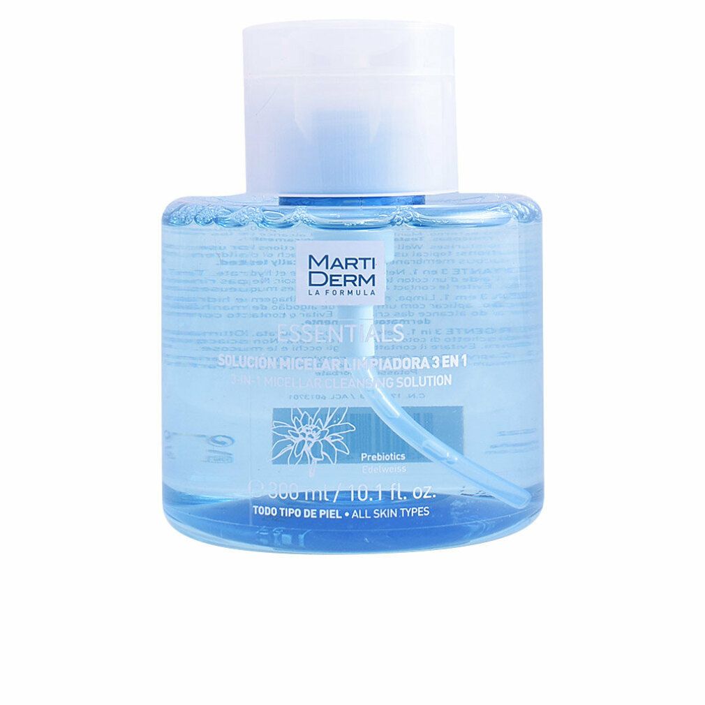 Blau-transparente Flasche mit weißem Deckel. Aufschrift: Marti Derm Essentials, Solución Micelar 3 en 1. Mit Pumpe.