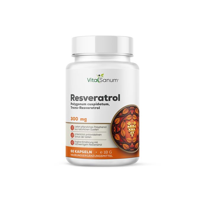Weiße Flasche mit Etikett. Aufschrift: Resveratrol, 300 mg. Abbildung von Trauben. 60 Kapseln. Marke: Vita Sanum.