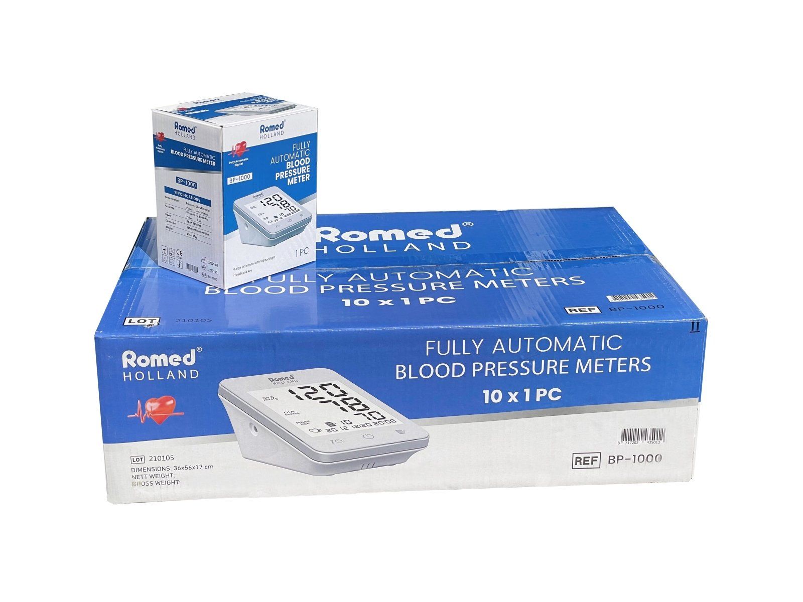 Blutdruckmessgerät mit Display und Verpackung. Aufschrift: Romed, Holland. Karton mit 10 Geräten.