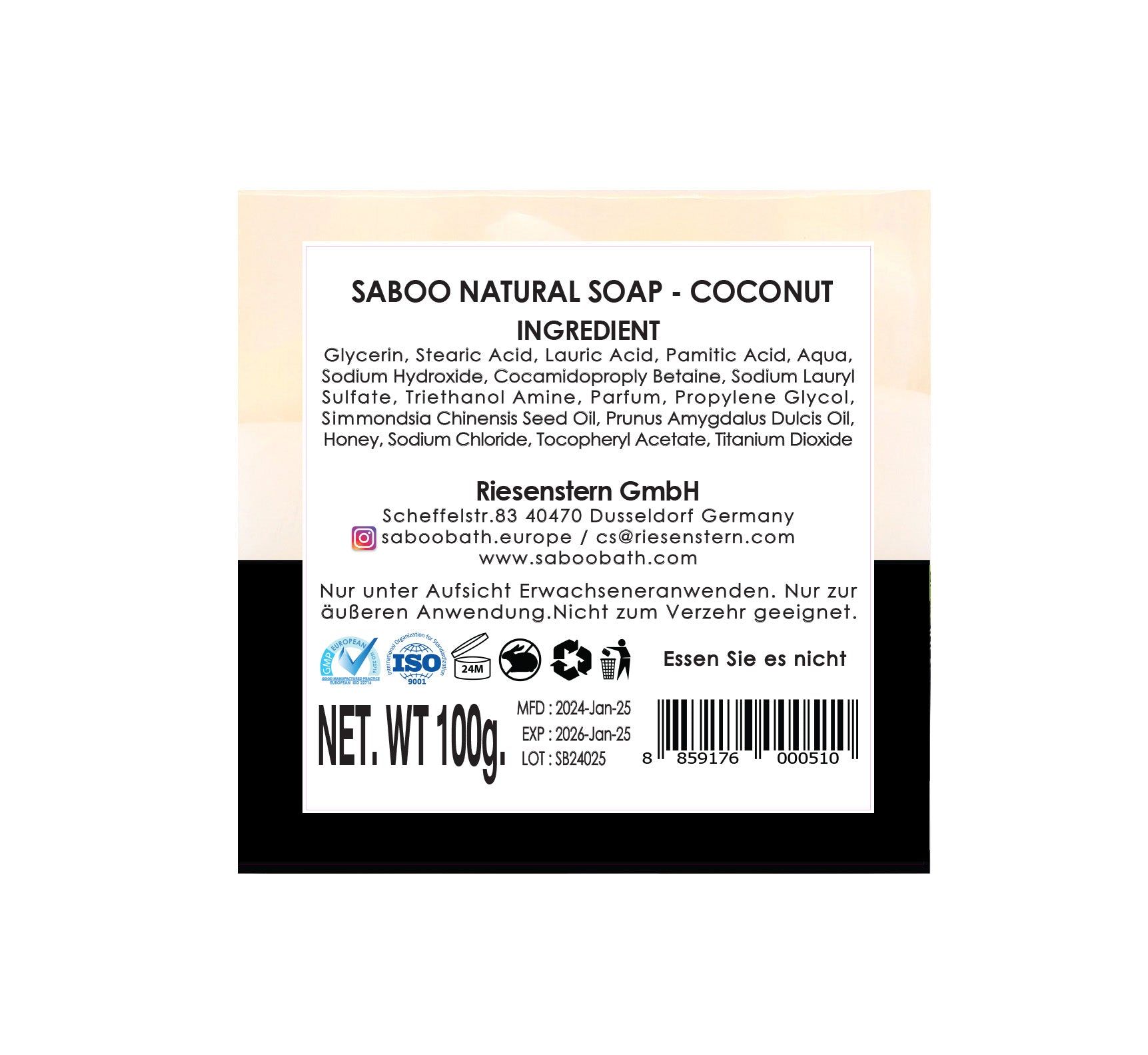 Saboo Naturseife MP – Kokosnuss. Rückseite der Verpackung mit Inhaltsstoffen und Informationen. ISO-Zertifizierung und Gewicht.