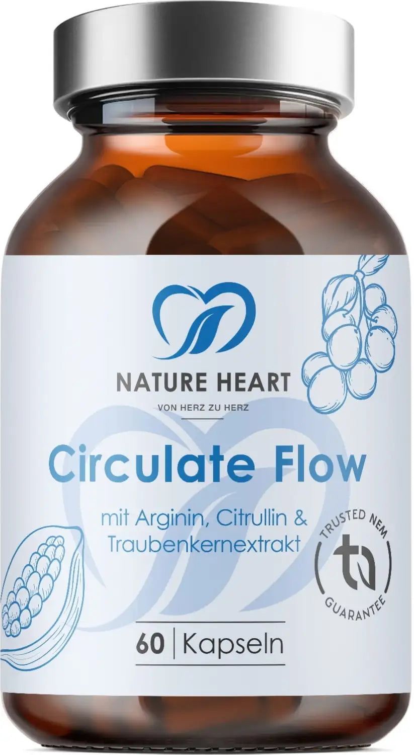 Braunglasflasche mit 60 Kapseln Nature Heart Circulate Flow, Arginin, Citrullin, Traubenkernextrakt.