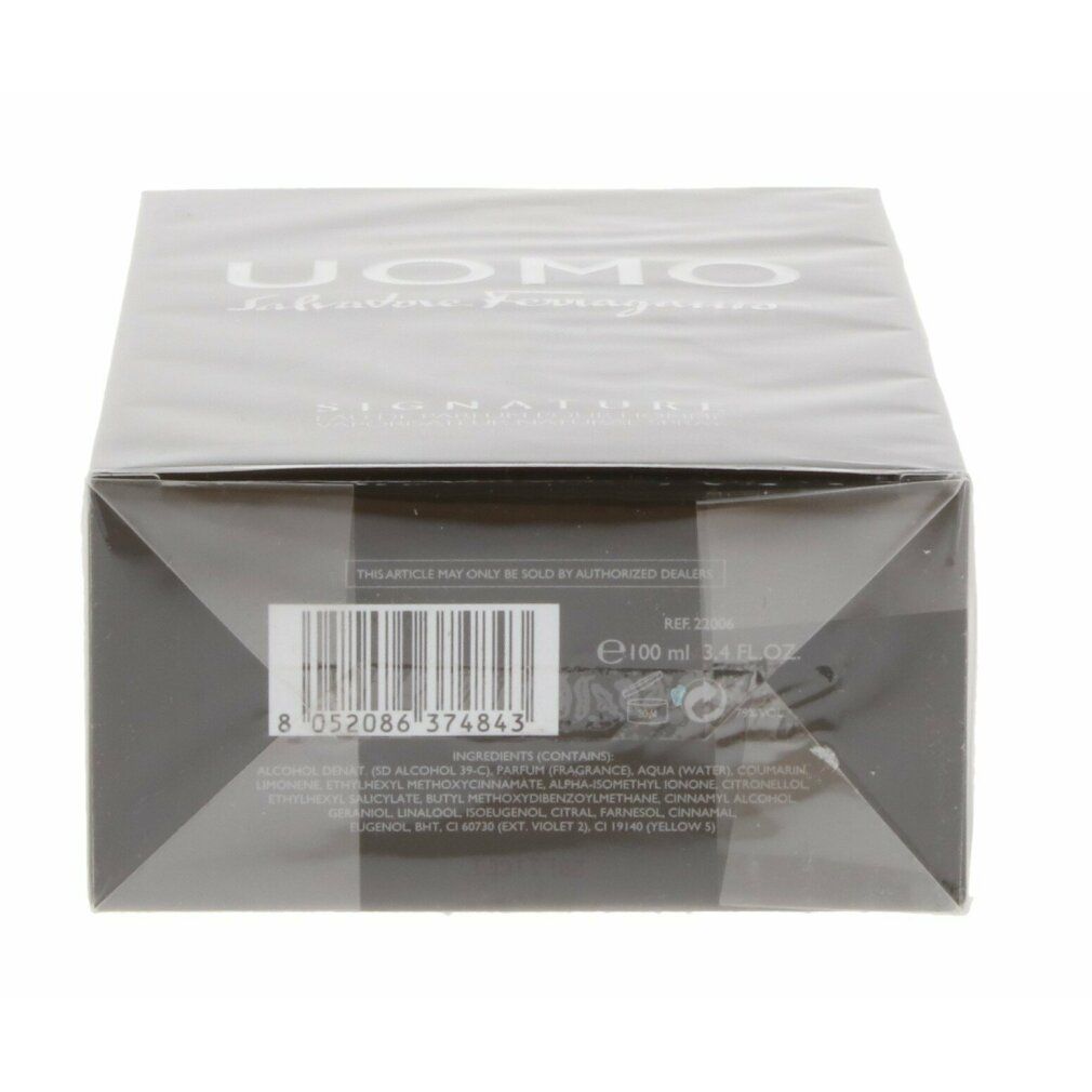 Unterseite der Verpackung von Salvatore Ferragamo Uomo Signature mit Produktinformationen.