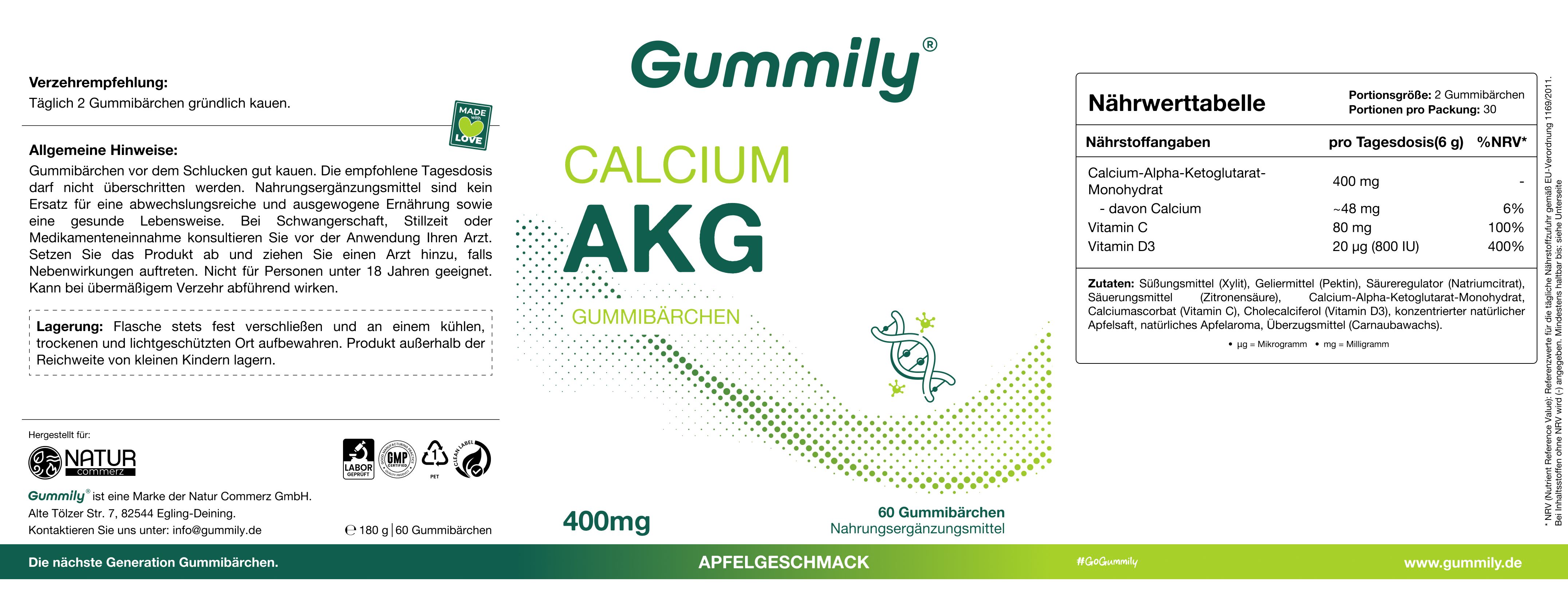 Gummily® CaAKG (Calcium-Alphaketoglutarat) 400 mg mit Vitamin C & D3 - Zuckerfreie Gummibärchen