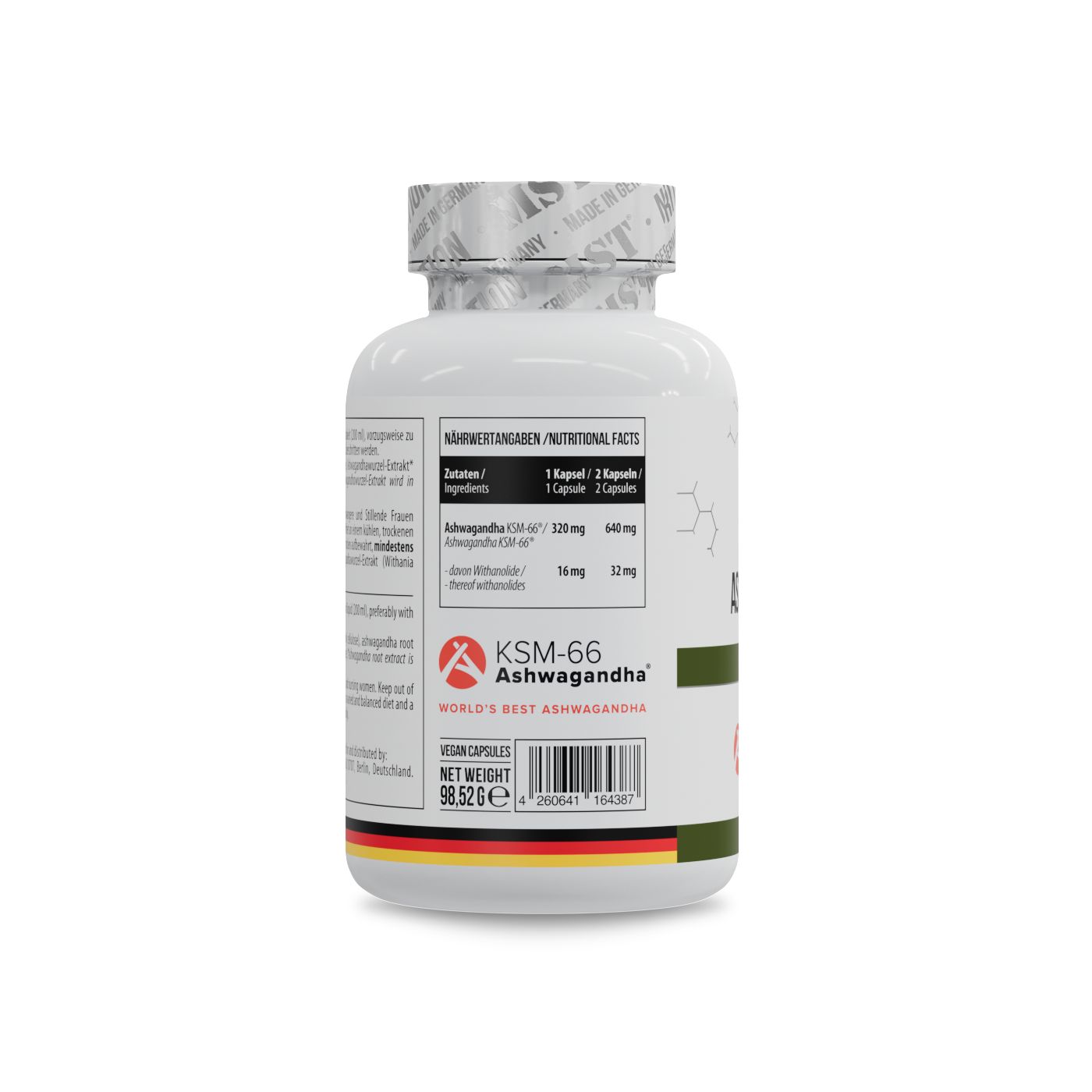 Weiße Flasche mit Kapseln. Aufschrift: KSM-66 Ashwagandha. Rückseite mit Nährwertangaben und Inhaltsstoffen.