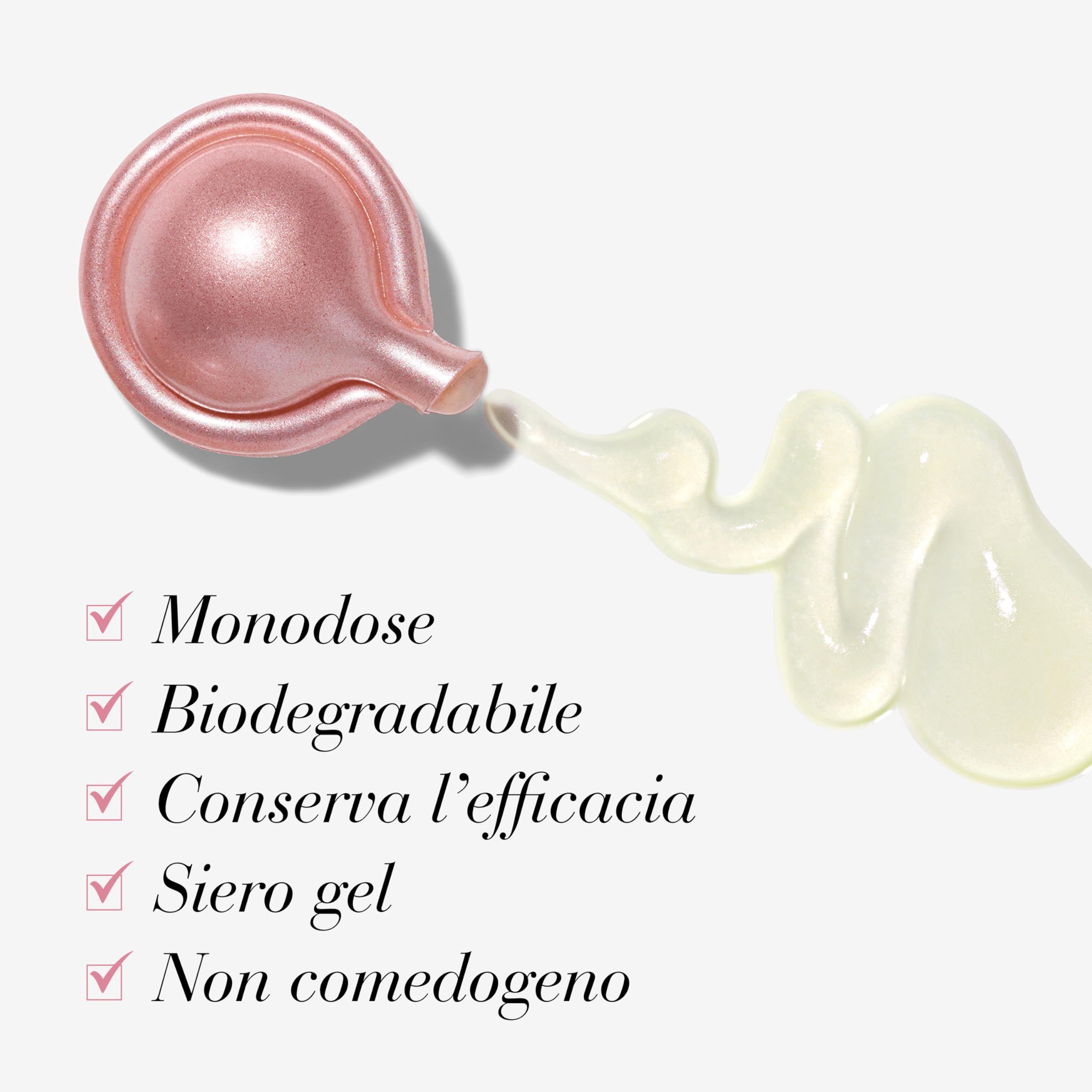 Rosa Kapsel mit Serum. Text: Monodose, Biodegradabile, Conserva l'efficacia, Siero gel, Non comedogeno.
