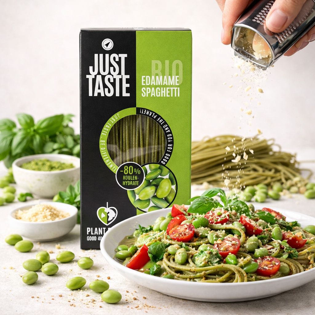 Just Taste Bio Edamame Spaghetti-Verpackung und ein Teller Nudeln mit Edamame und Tomaten. Geriebener Käse wird darüber gestreut.