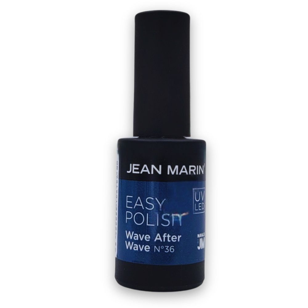 Schwarze Flasche mit Nagellack. Aufschrift: Jean Marin, Easy Polish, Wave After Wave N°36. UV LED.