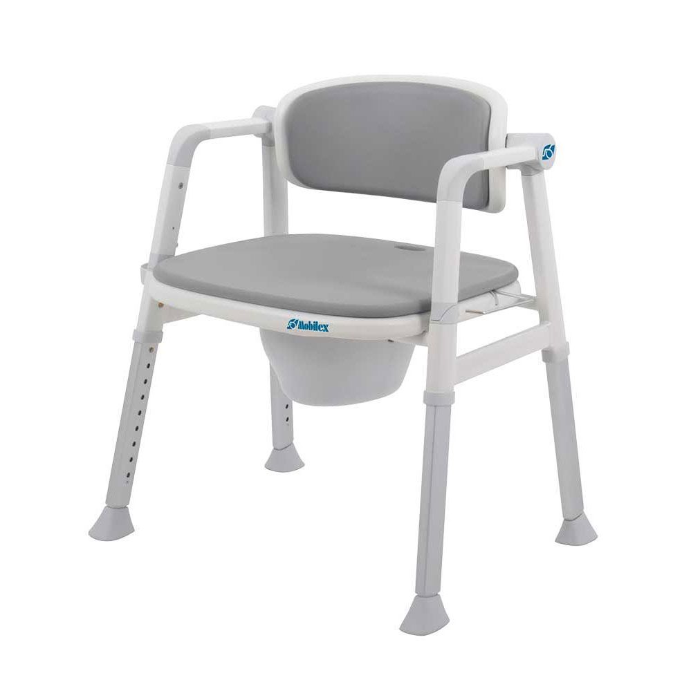 Toilettenstuhl mit weißem Rahmen, grauem Sitz und Rückenlehne. Höhenverstellbare Beine. Eimer unter dem Sitz.