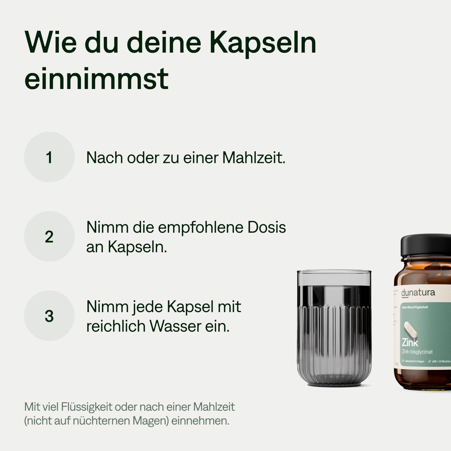 Anleitung zur Einnahme von Kapseln. Glas Wasser, Flasche mit "dunatura" und "Zink-bisglycinat". Text mit Anweisungen.