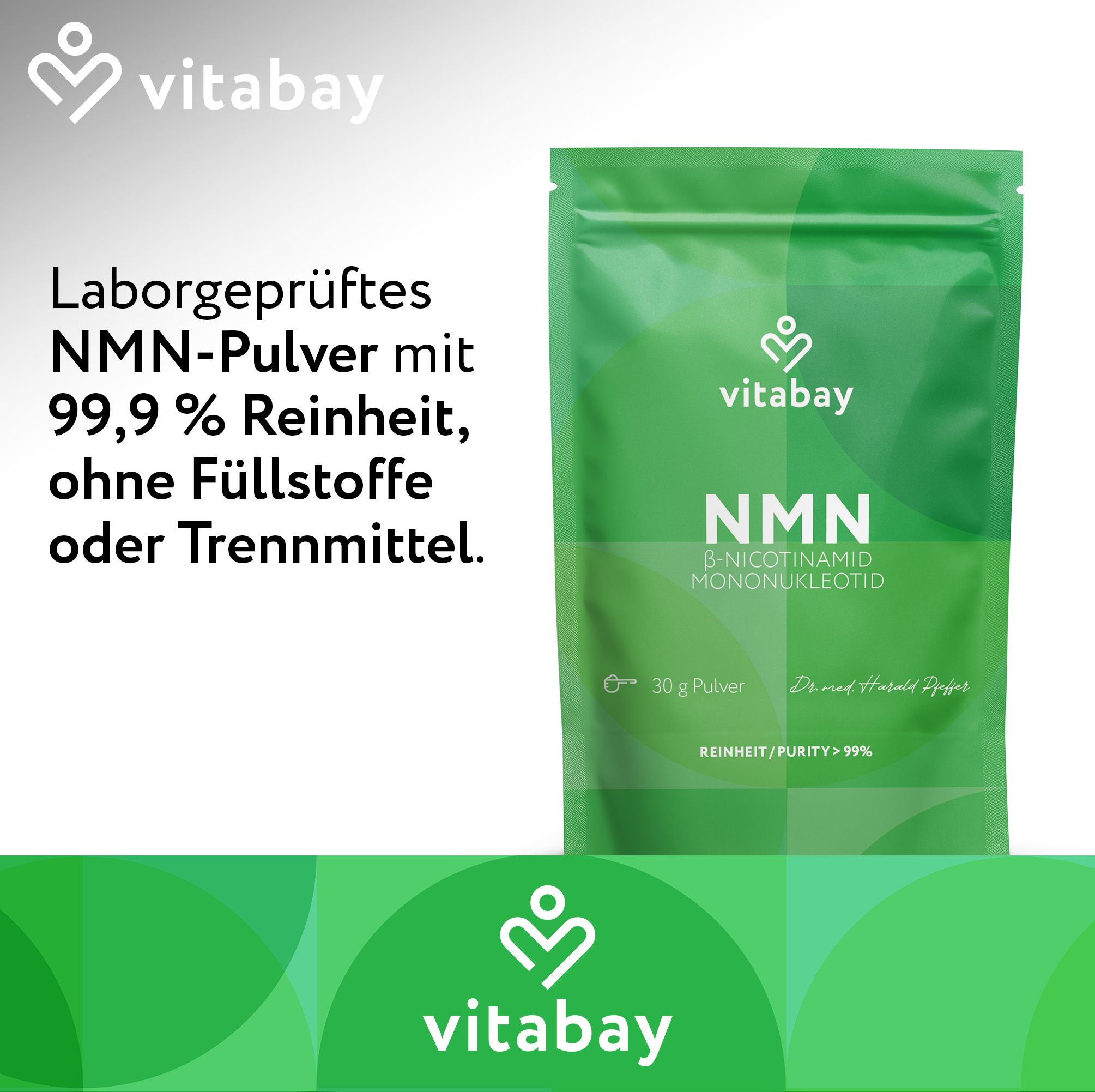 Grüner Beutel mit "vitabay"-Logo und "NMN"-Aufdruck. Enthält 30g Pulver, Reinheit >99%. Text: Laborgeprüftes NMN-Pulver.