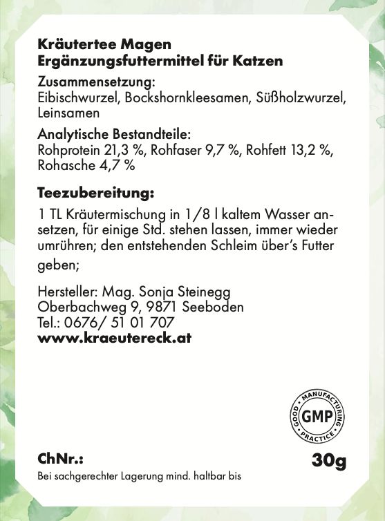 Etikett mit Produktinformationen: Kräutertee Magen, Ergänzungsfuttermittel für Katzen. Inhaltsstoffe, Analyse, Zubereitung, Hersteller.