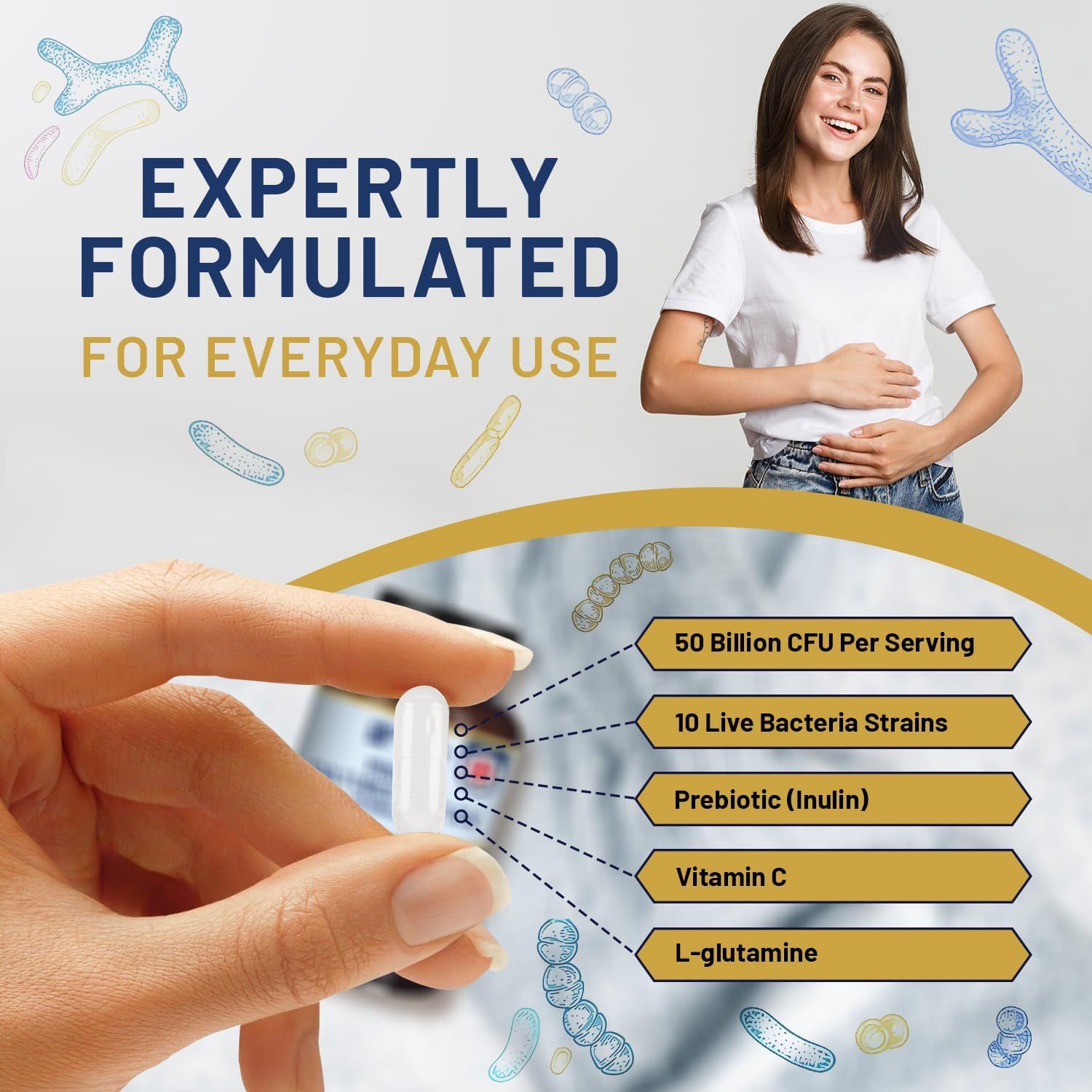 Frau hält Kapsel. Text: 50 Milliarden KBE pro Portion, 10 lebende Bakterienstämme, Präbiotikum (Inulin), Vitamin C, L-Glutamin.