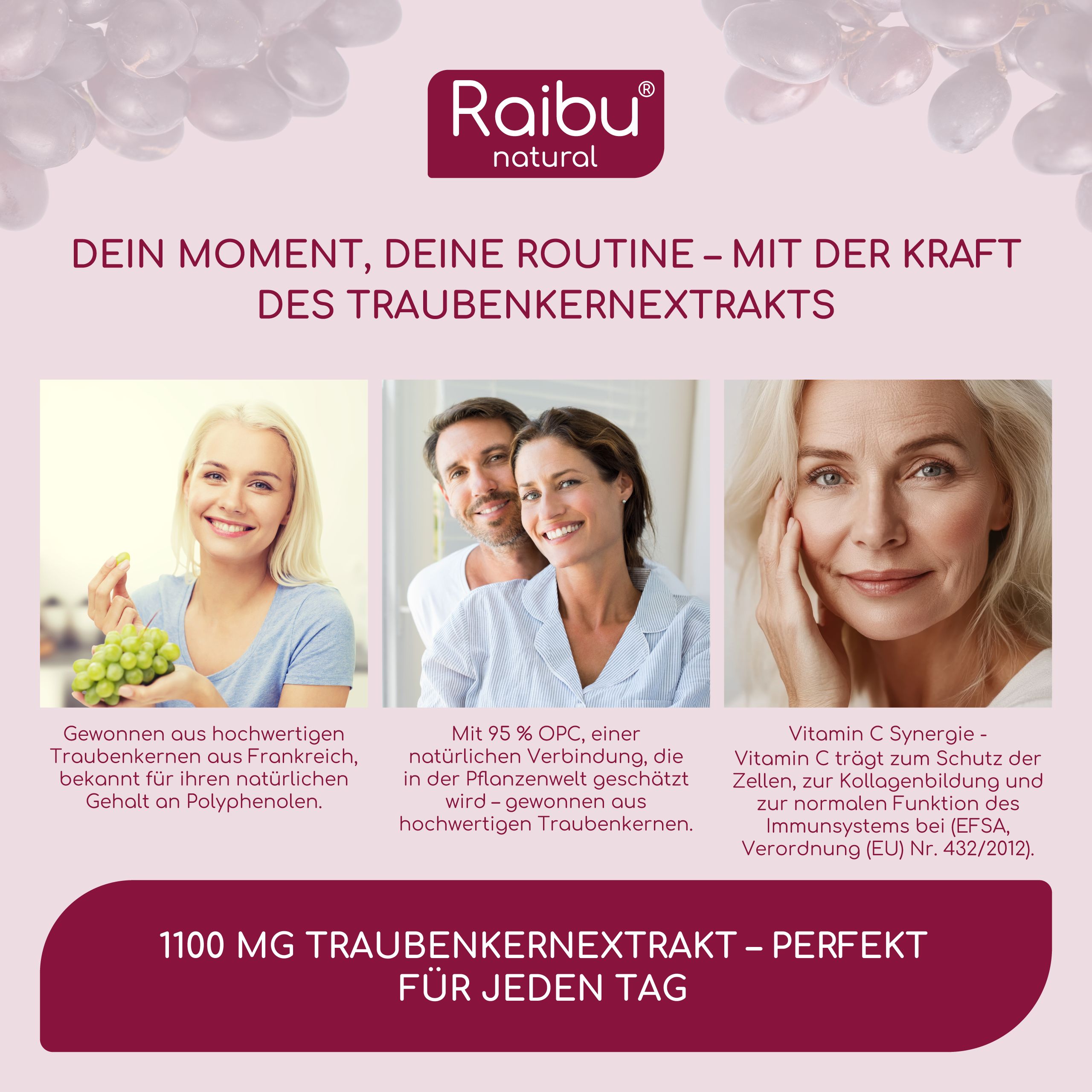 Drei Personen. Text: 1100 mg Traubenkernextrakt pro Tagesdosis. Text: Vitamin C trägt zur Kollagenbildung.