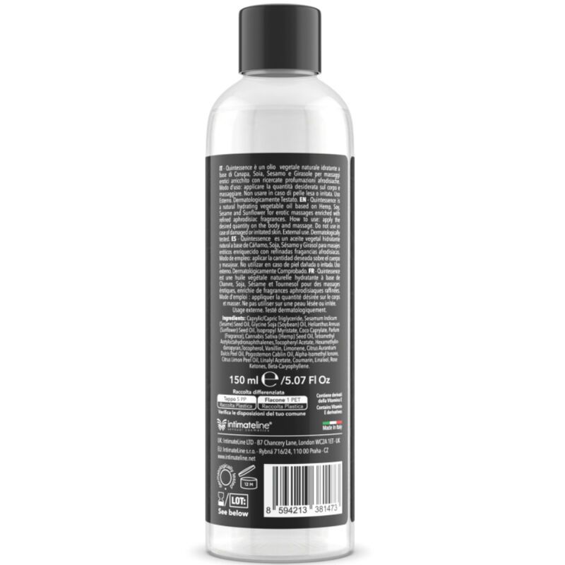 Klare Ölflasche mit schwarzem Deckel und Etikett mit Produktinformationen und Volumenangabe.