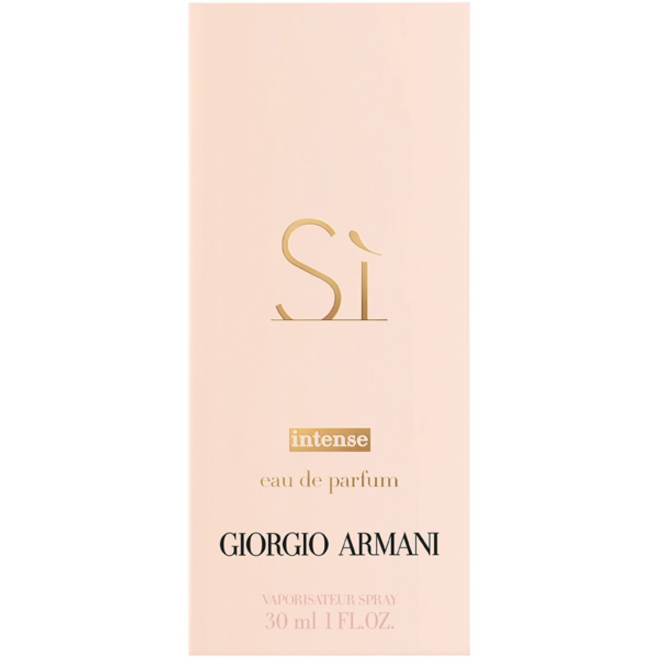 Giorgio Armani Sì Intense E.d.P. Nat. Spray Verpackung. Rechteckige Schachtel mit goldfarbenem Schriftzug „Sì“ und „intense“.