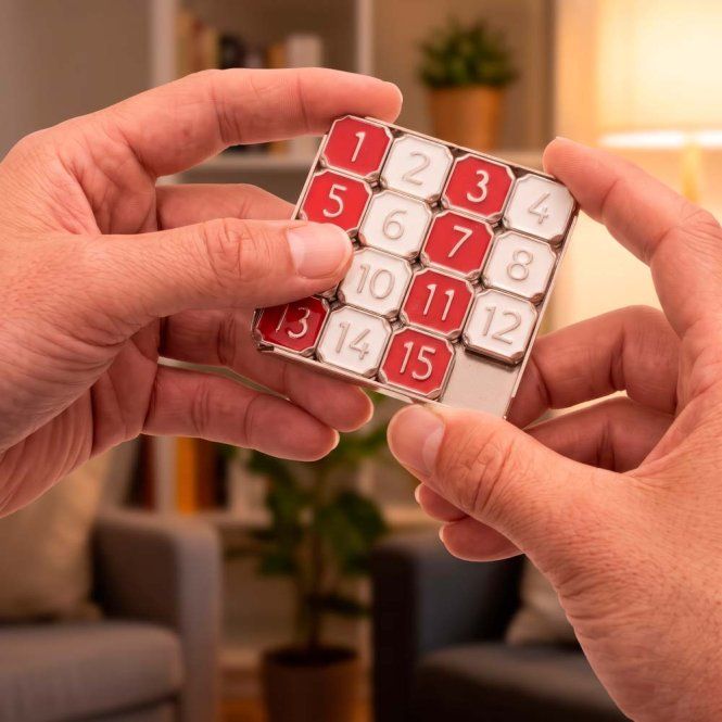 Hände halten ein Schiebepuzzle mit Zahlen 1-15.
