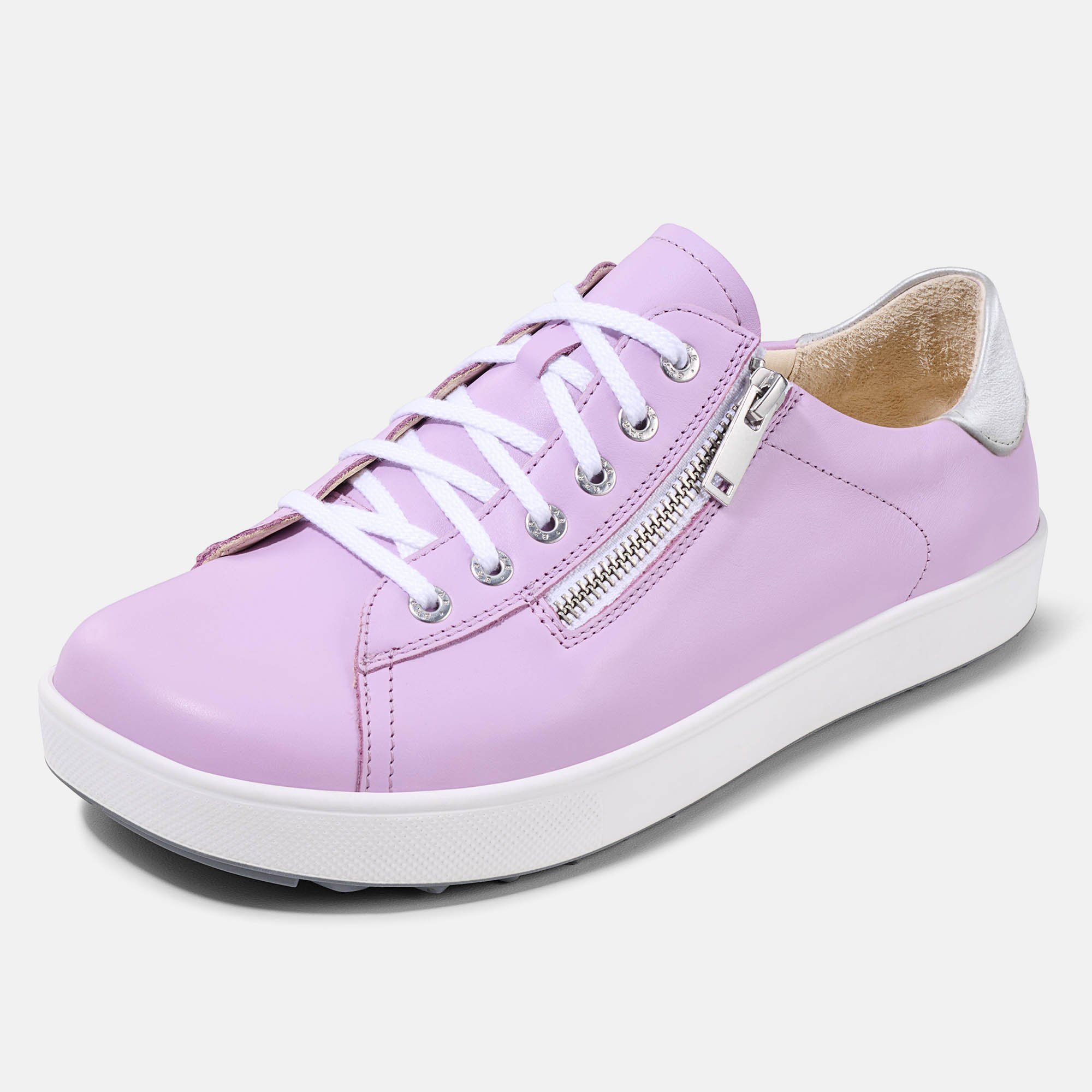 Lilafarbener Schnürschuh mit weißer Sohle und Reißverschluss. Silberfarbener Fersenbereich. Breite Passform.