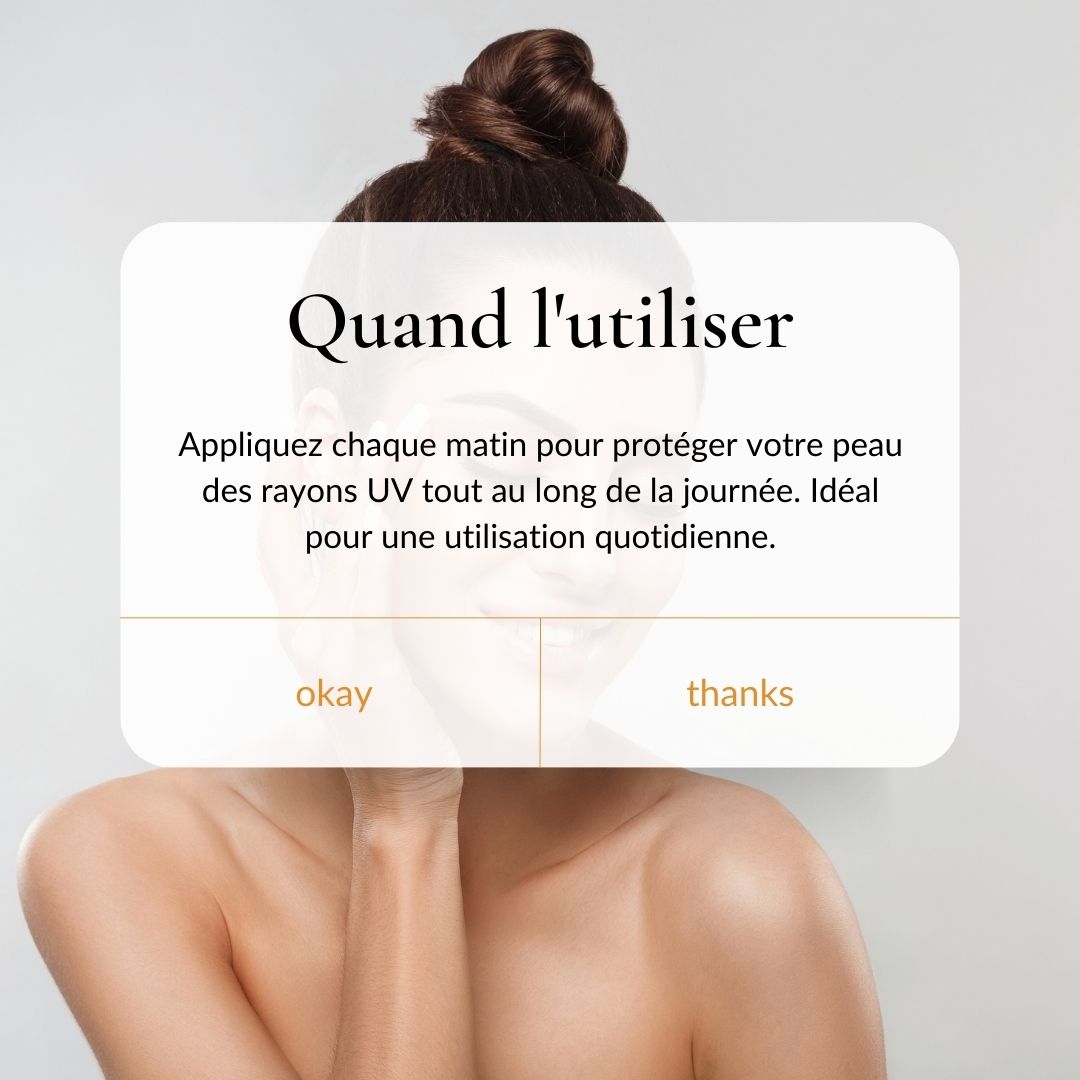 Femme sur fond flou. Texte: Quand l'utiliser. Idéal pour une utilisation quotidienne.